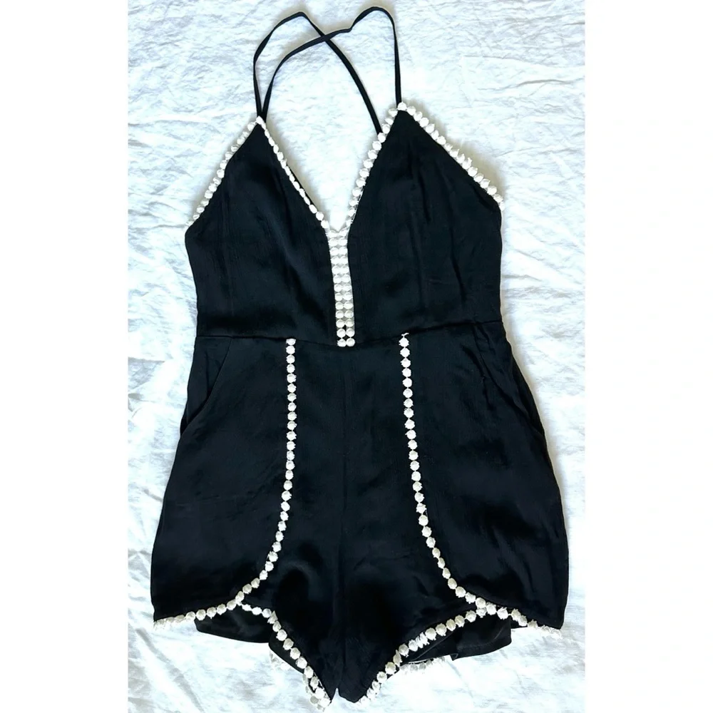 Tea & Cup Black & White Pom Pom Romper - Picture 2 of 7
